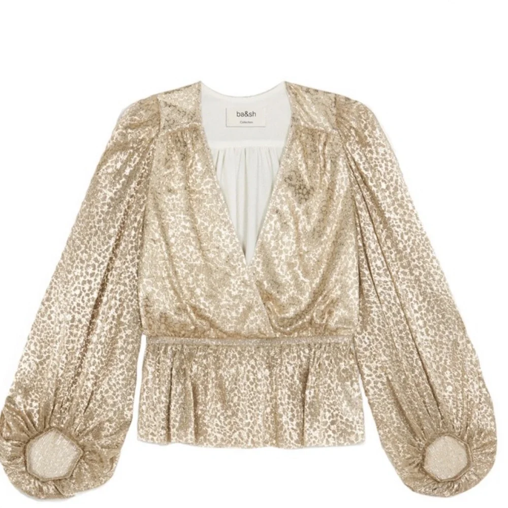 Ba&sh Caitlin gold metallic vneck peplum elastic cuff & waist 2 shirt/blouse